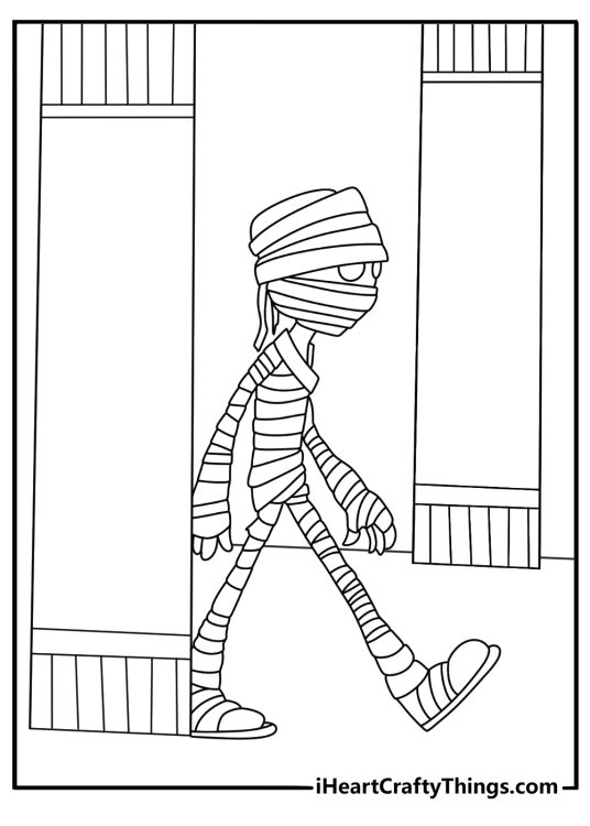 Kids can color a small mummy walking past Egyptian columns