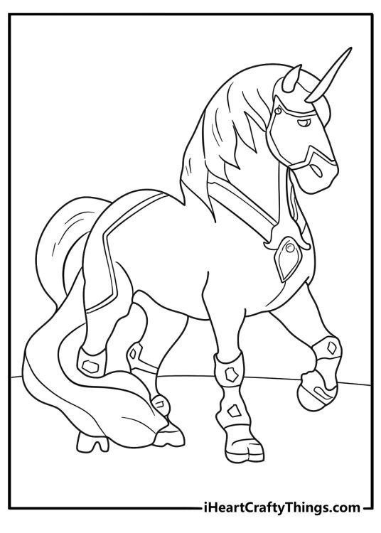 Knight unicorn in armor with a shield epic coloring sheet for teens