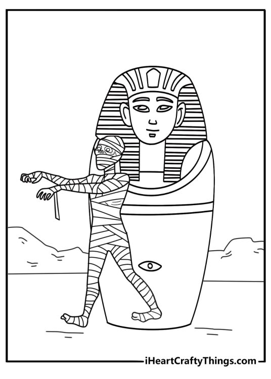 Mummy coloring page showing a wrapped figure beside clay jars