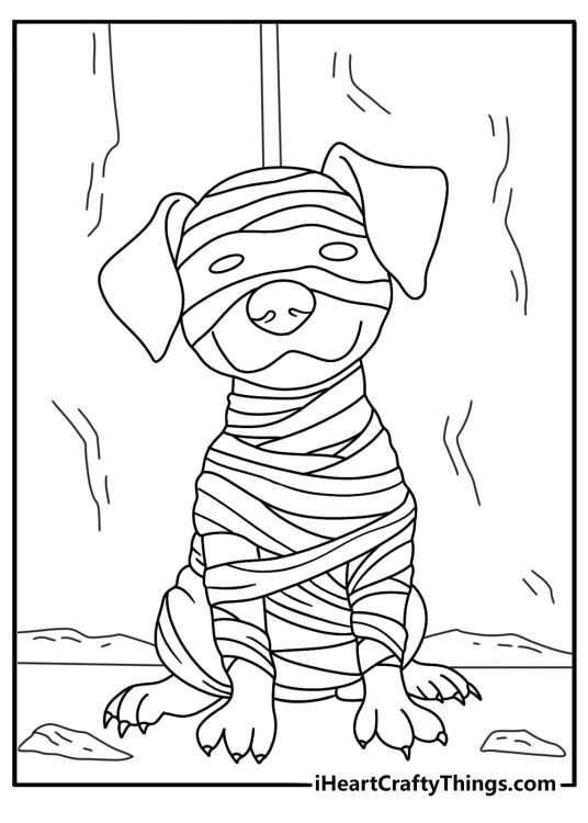 Mummy coloring page with a wrapped dog guarding a tomb door