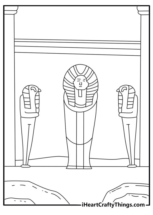Mummy coloring pages scene showing a desert tomb entrance and stone statues