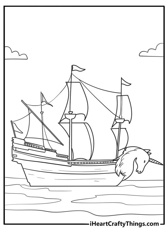 Pirate unicorn on a ship with sail and helm coloring sheet for kids