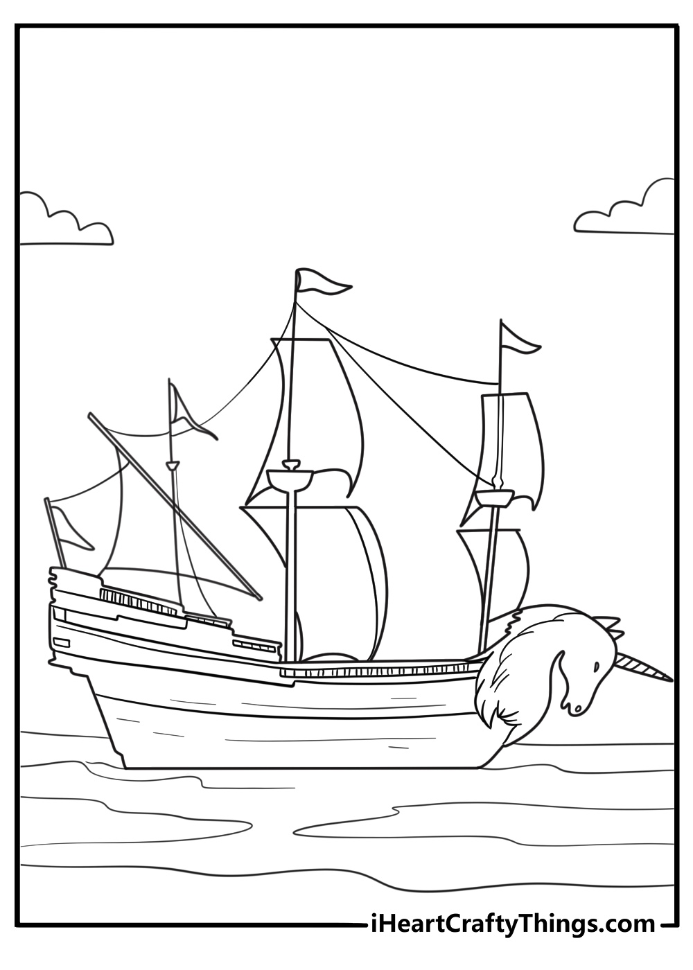 Pirate unicorn on a ship with sail and helm coloring sheet for kids
