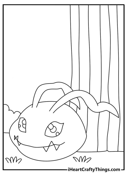 Printable Digimon coloring page with Koromon resting near a small tree