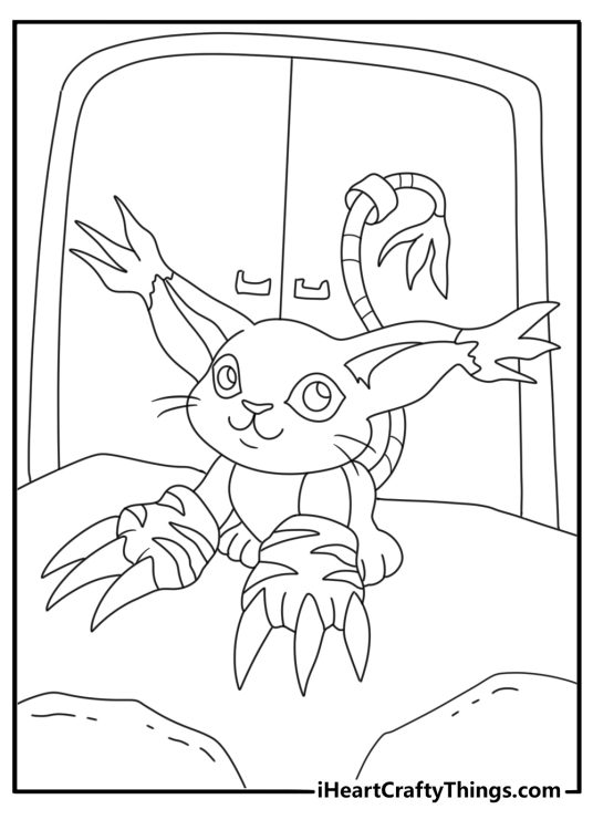 Printable Digimon coloring sheet featuring Gatomon beside a temple door
