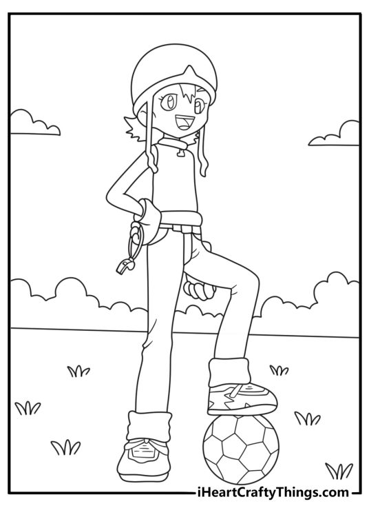 Printable anime coloring page showing Sora with a soccer ball and whistle