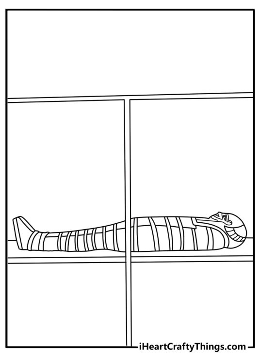 Printable coloring page of a mummy museum display behind glass
