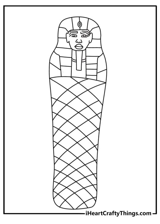 Printable mummy coloring page featuring an ancient amulet and linen wraps