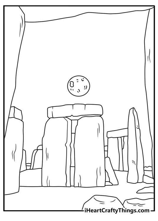 Printable mummy coloring sheet featuring a moon over ancient stones