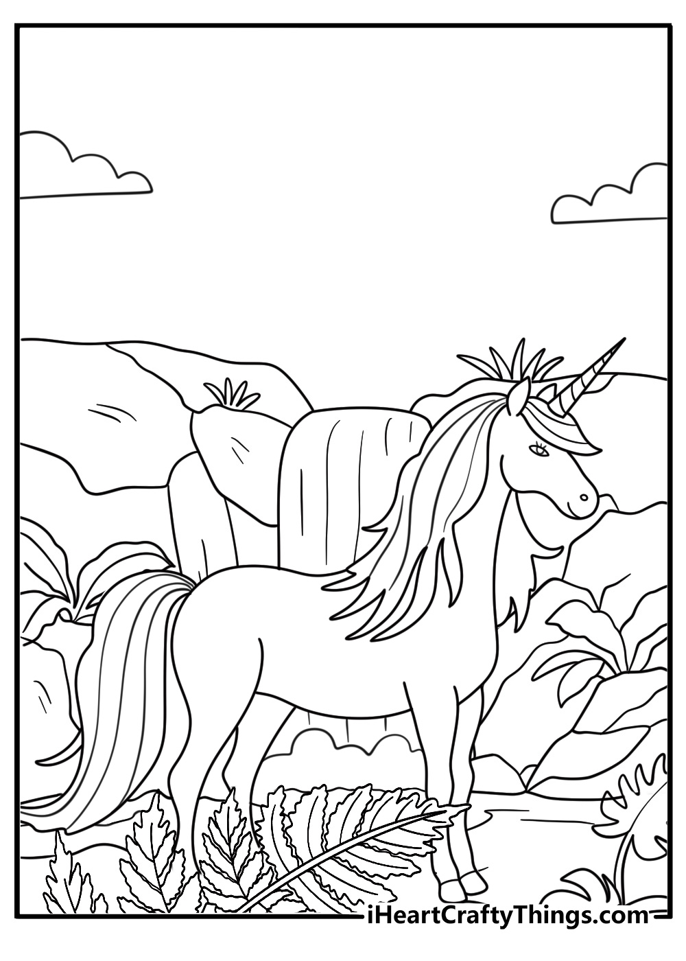 Rainforest unicorn by a waterfall and ferns detailed coloring sheet pdf