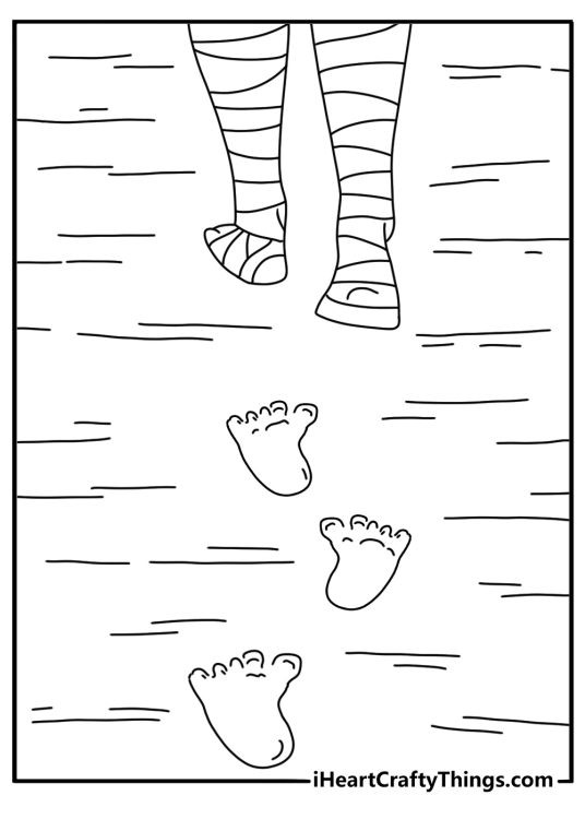 Simple mummy printable with a wrapped foot and trail of sand