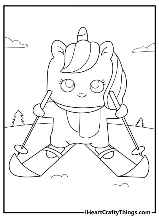 Snow hill unicorn skiing past pines coloring page download