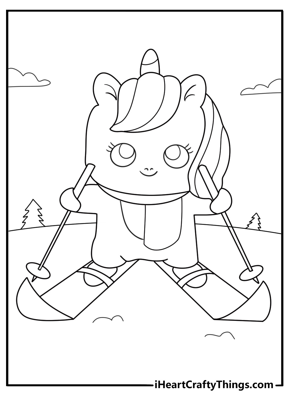 Snow hill unicorn skiing past pines coloring page download
