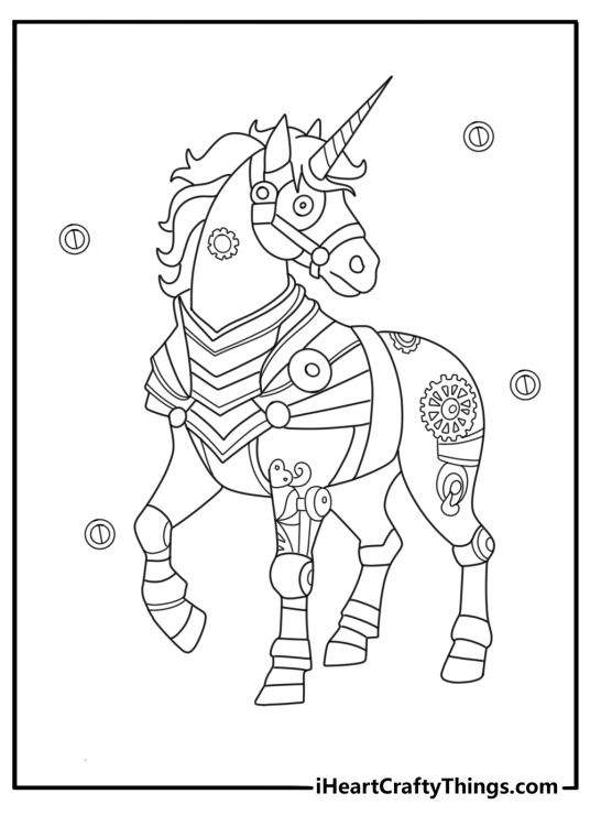 Steampunk unicorn with gears and clock keys coloring page printable pdf