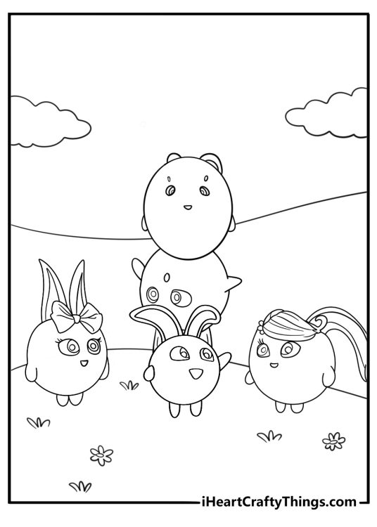 Sunny Bunnies surprising each other in a game coloring page