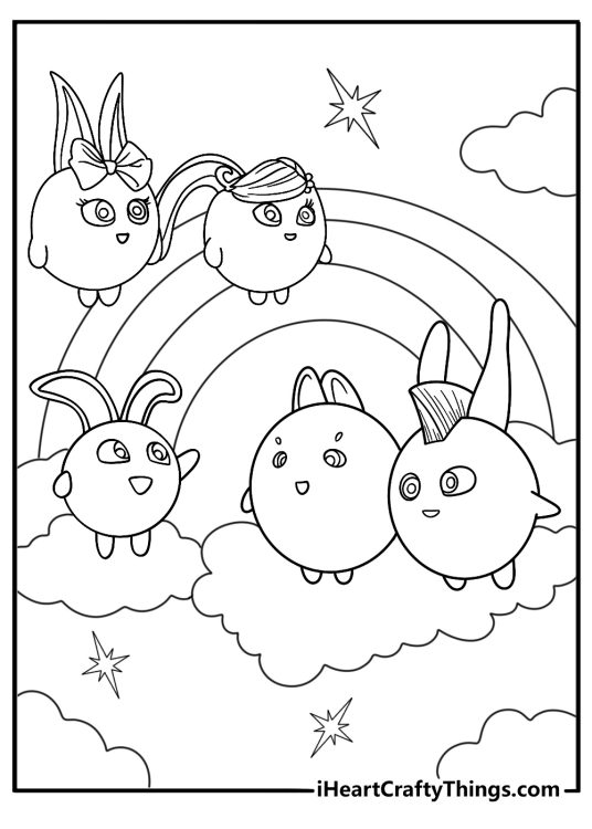 Sunny Bunnies surrounded by rainbow rings coloring sheet