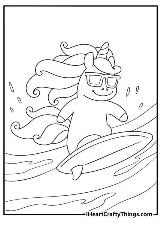 Surfing unicorn riding a big wave fun coloring page for kids