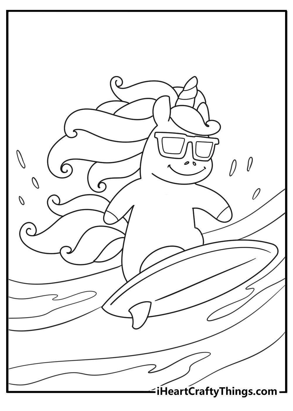 Surfing unicorn riding a big wave fun coloring page for kids