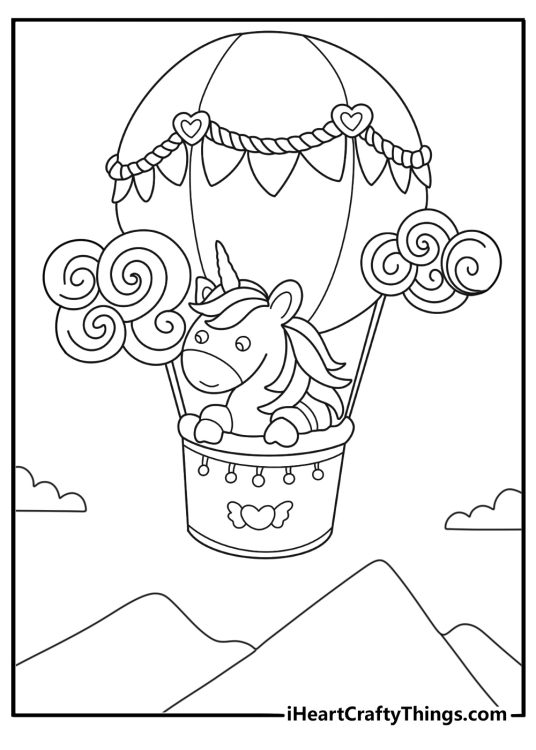 Unicorn in a hot air balloon over rolling hills cute coloring printable pdf