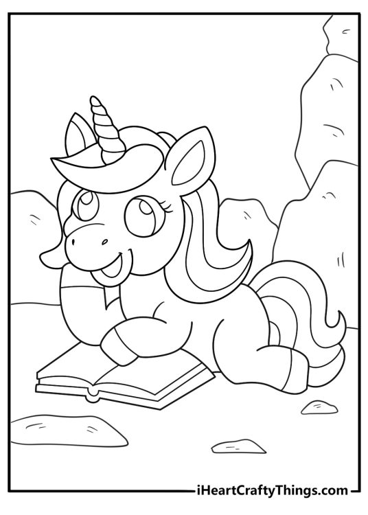 Unicorn reading a magic book with runes simple coloring printable