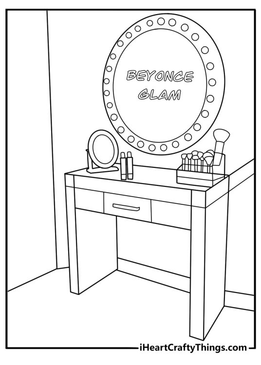Vanity makeup table with mirror bulbs brushes and palette Beyonce glam coloring page