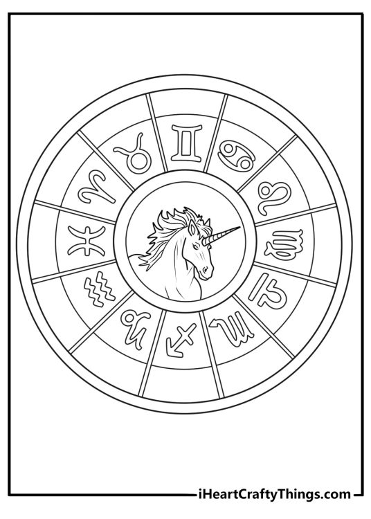 Zodiac wheel unicorn with twelve star signs intricate coloring sheet download