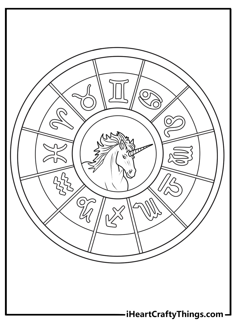 Zodiac wheel unicorn with twelve star signs intricate coloring sheet download