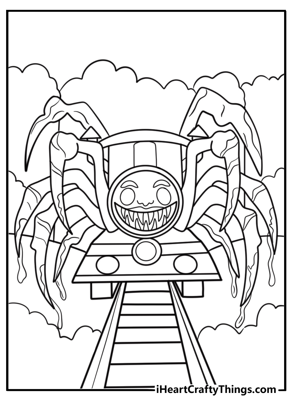 A derailed train with Charles lurking nearby in the fog coloring sheet