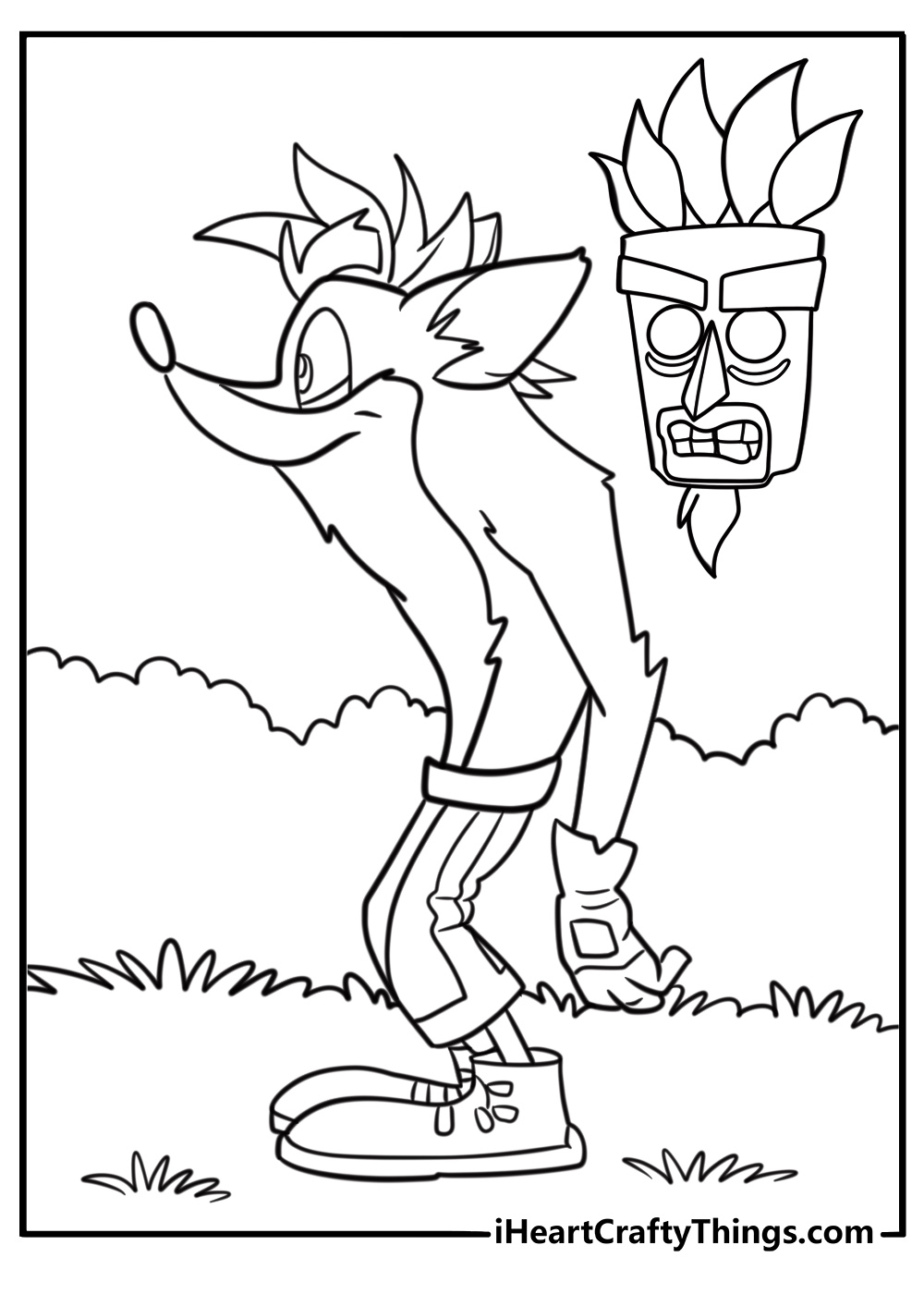 Aku Aku mask floating next to Crash free coloring page