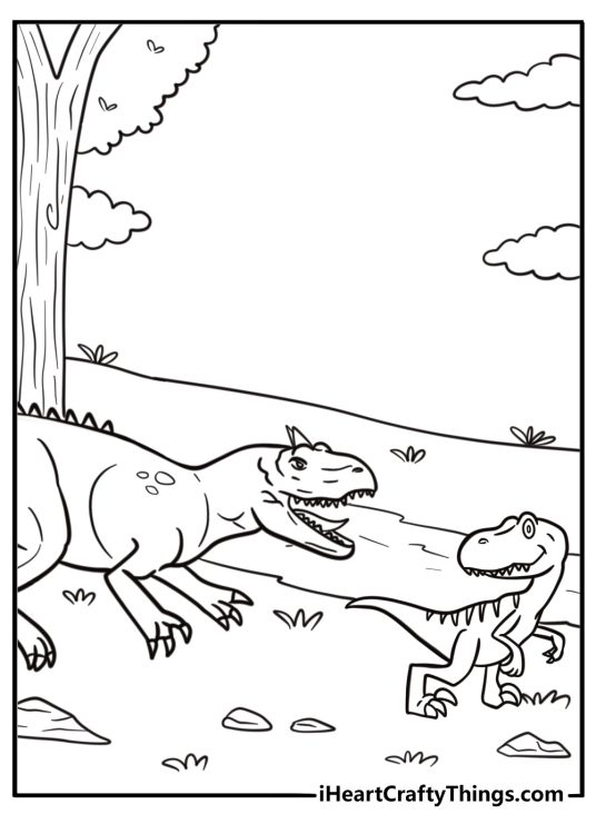Allosaurus chasing a smaller dinosaur in the wild coloring page
