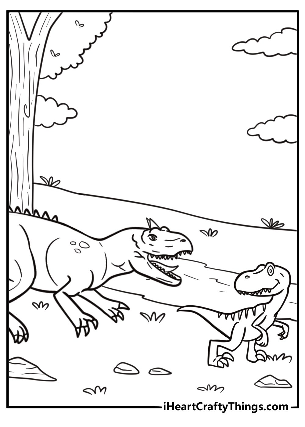 Allosaurus chasing a smaller dinosaur in the wild coloring page