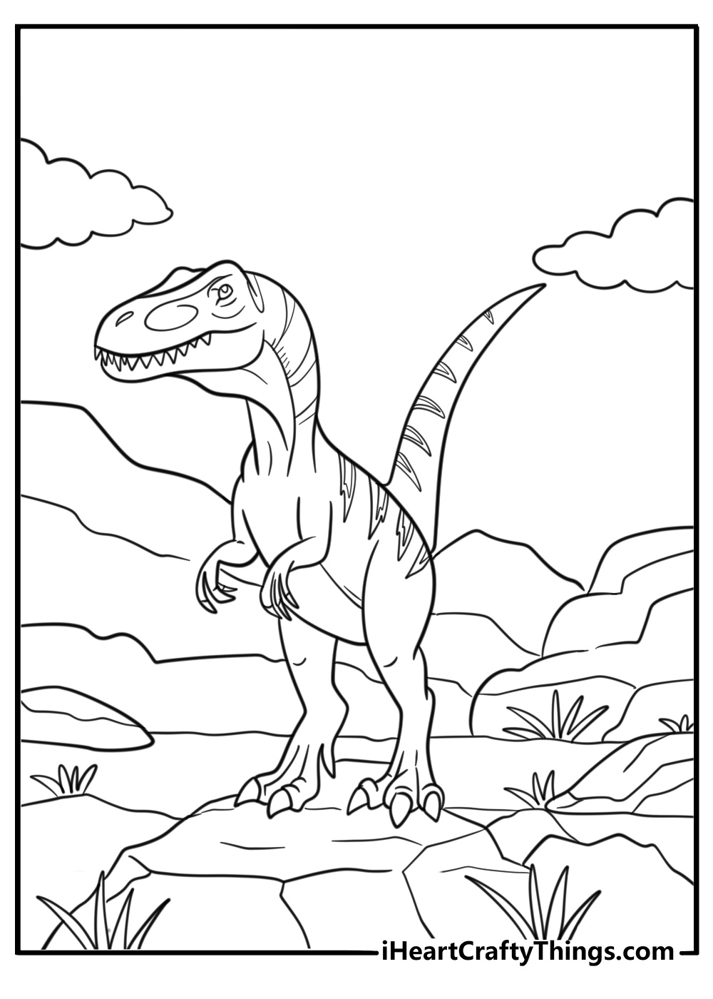Allosaurus climbing over a hill with mountains in background coloring sheet