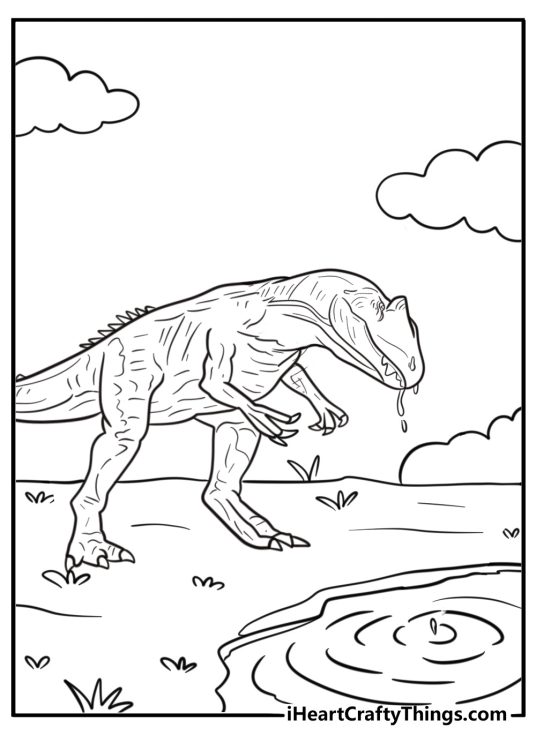 Allosaurus drinking water from a shallow stream coloring page
