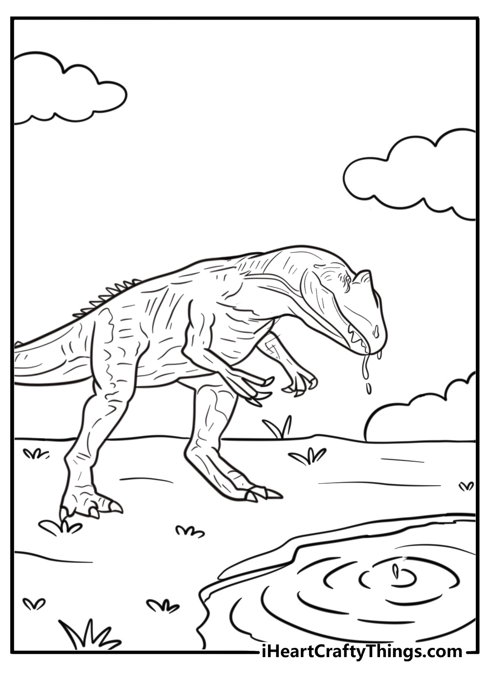 Allosaurus drinking water from a shallow stream coloring page