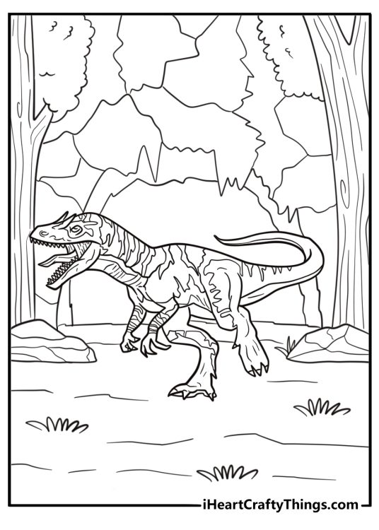 Allosaurus emerging from behind trees near a cave entrance coloring page
