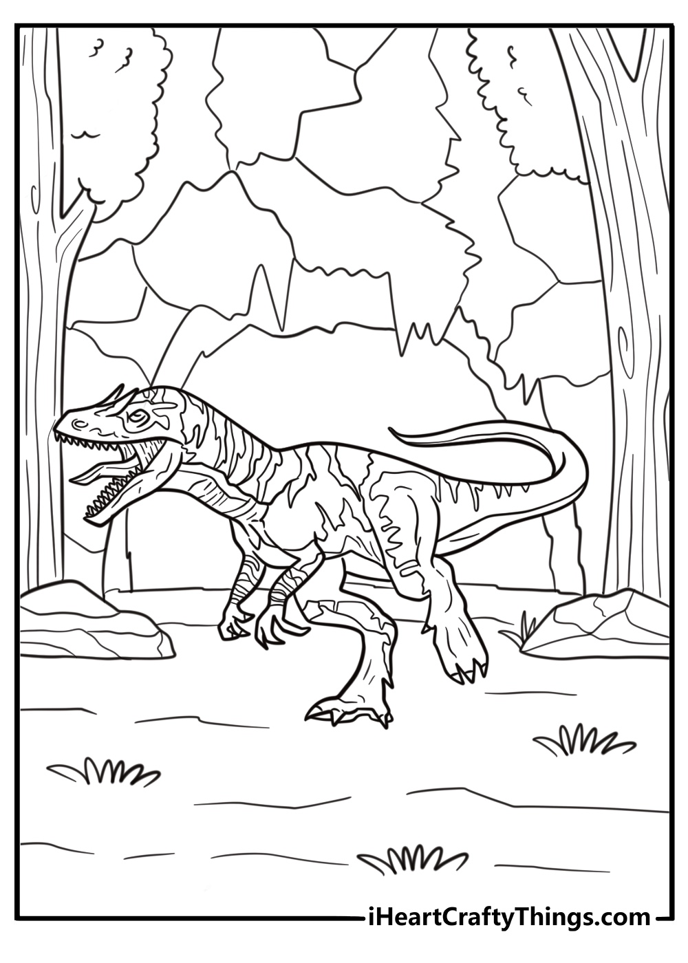 Allosaurus emerging from behind trees near a cave entrance coloring page
