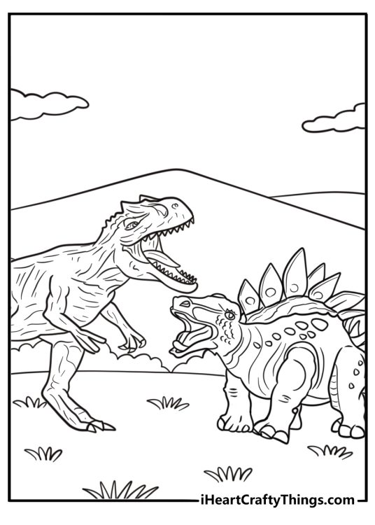 Allosaurus facing off with a Stegosaurus in a prehistoric scene coloring sheet