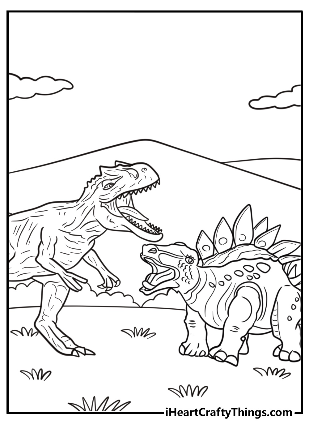 Allosaurus facing off with a Stegosaurus in a prehistoric scene coloring sheet