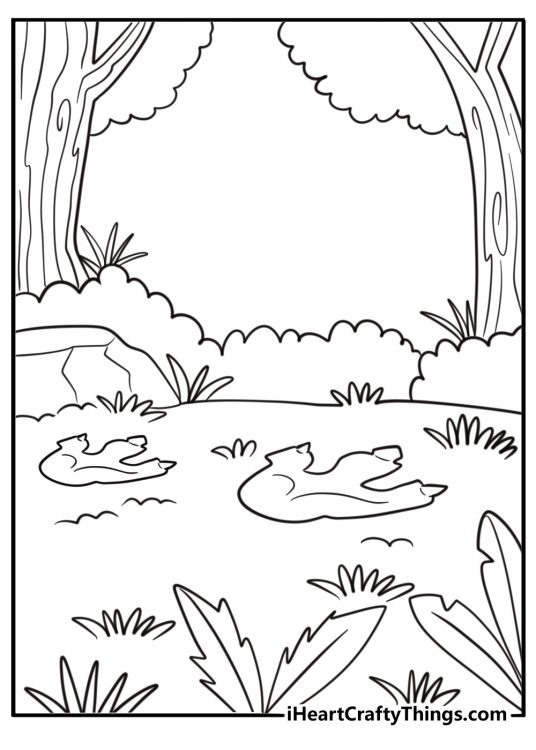 Allosaurus footprint in mud next to vegetation coloring sheet