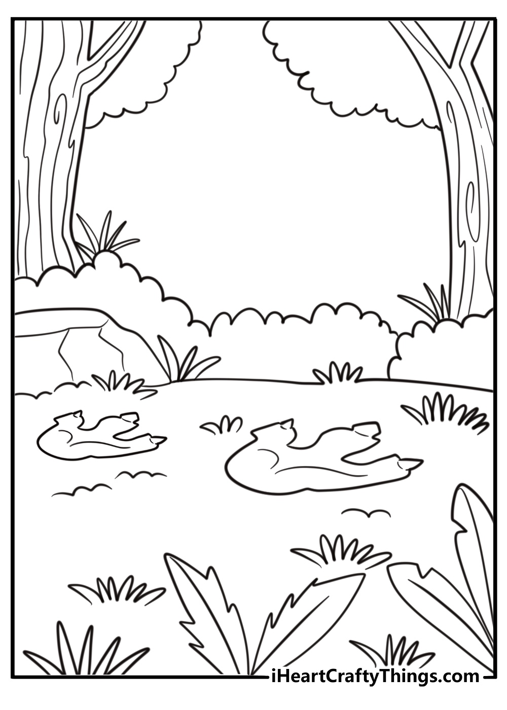 Allosaurus footprint in mud next to vegetation coloring sheet