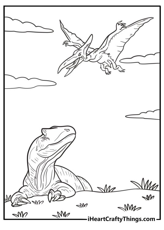 Allosaurus looking up at a flying pterosaur in the sky coloring sheet