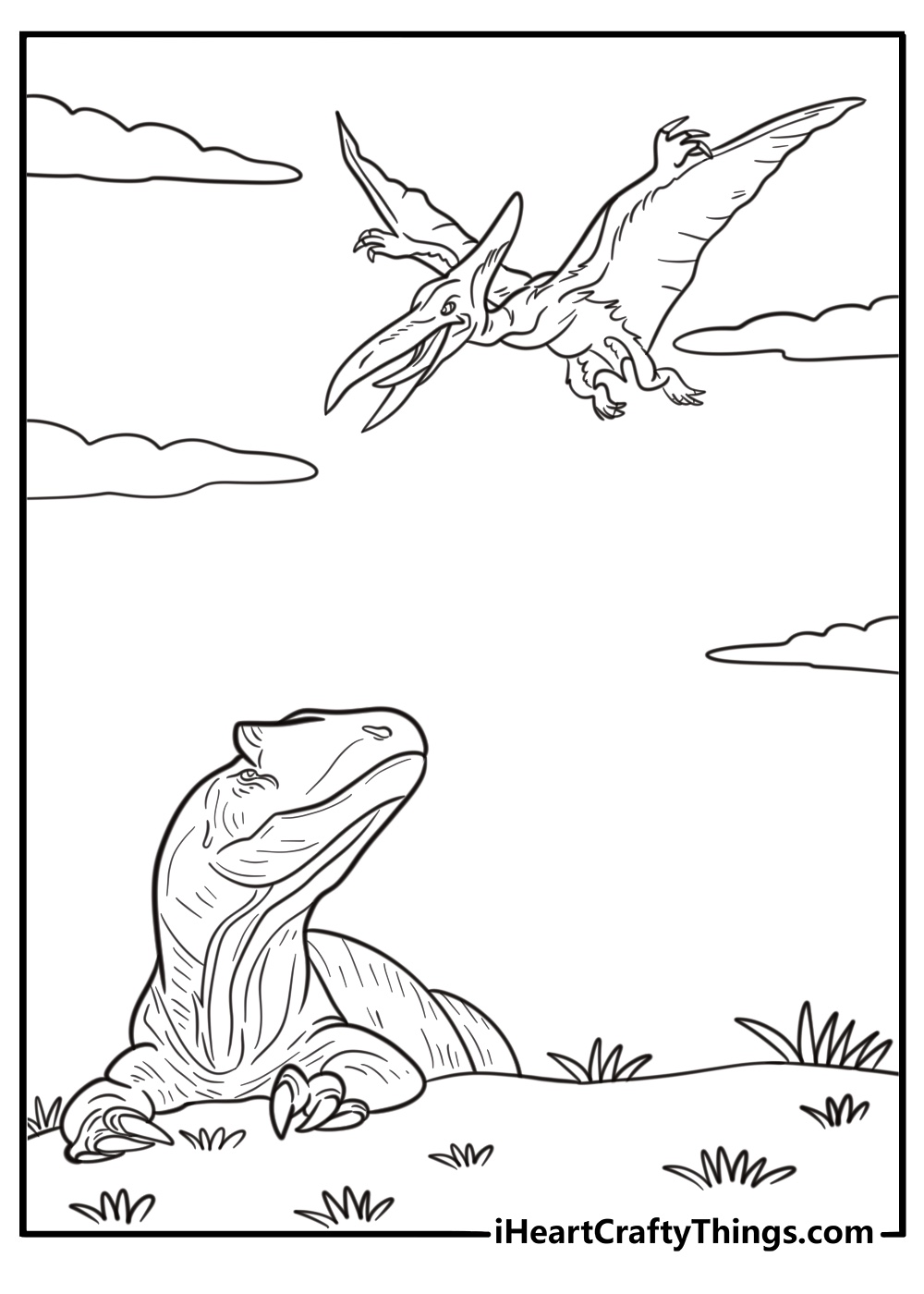 Allosaurus looking up at a flying pterosaur in the sky coloring sheet