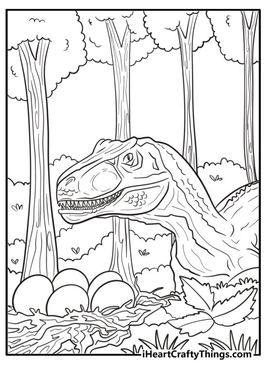 Allosaurus near dinosaur eggs in a hidden nest coloring sheet