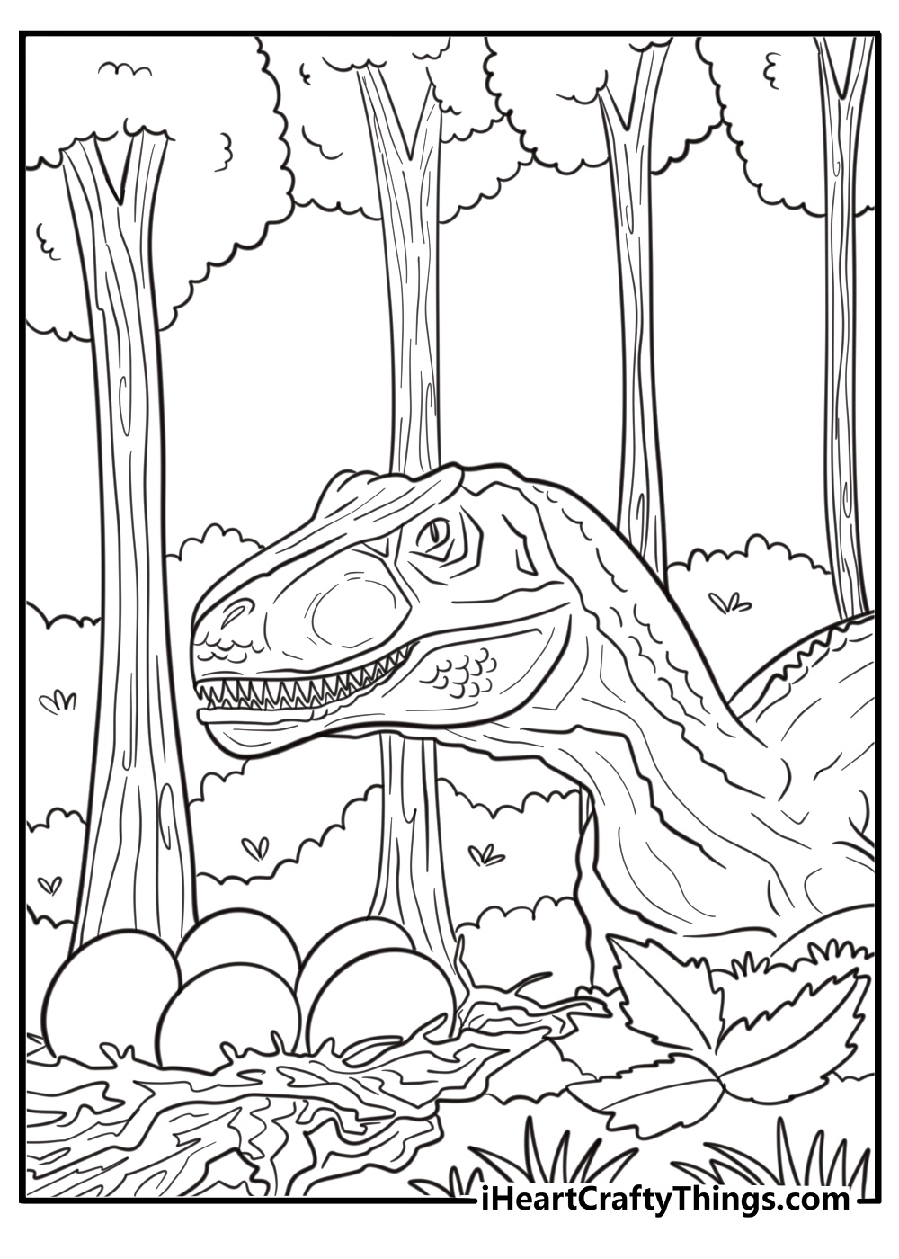 Allosaurus near dinosaur eggs in a hidden nest coloring sheet