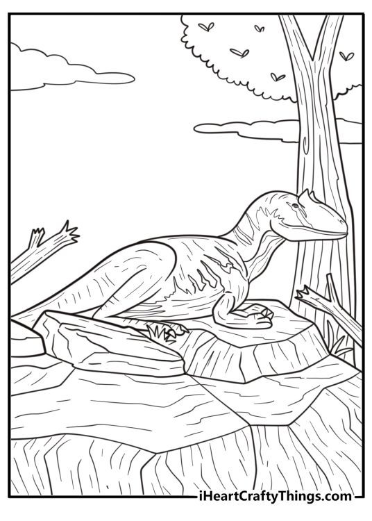 Allosaurus resting near a rocky cliff with broken branches coloring page