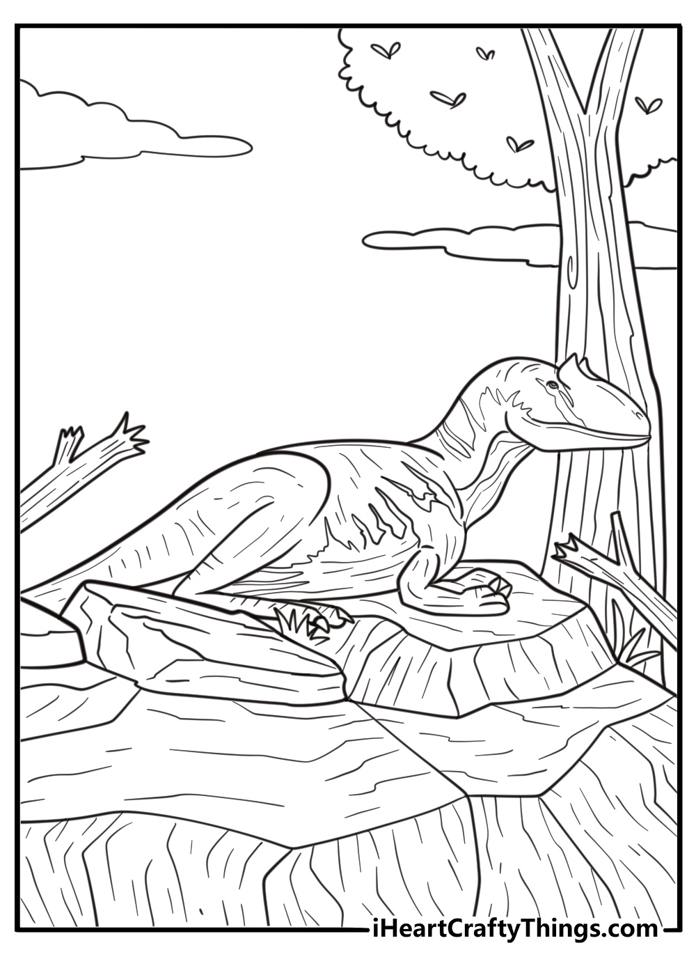 Allosaurus resting near a rocky cliff with broken branches coloring page