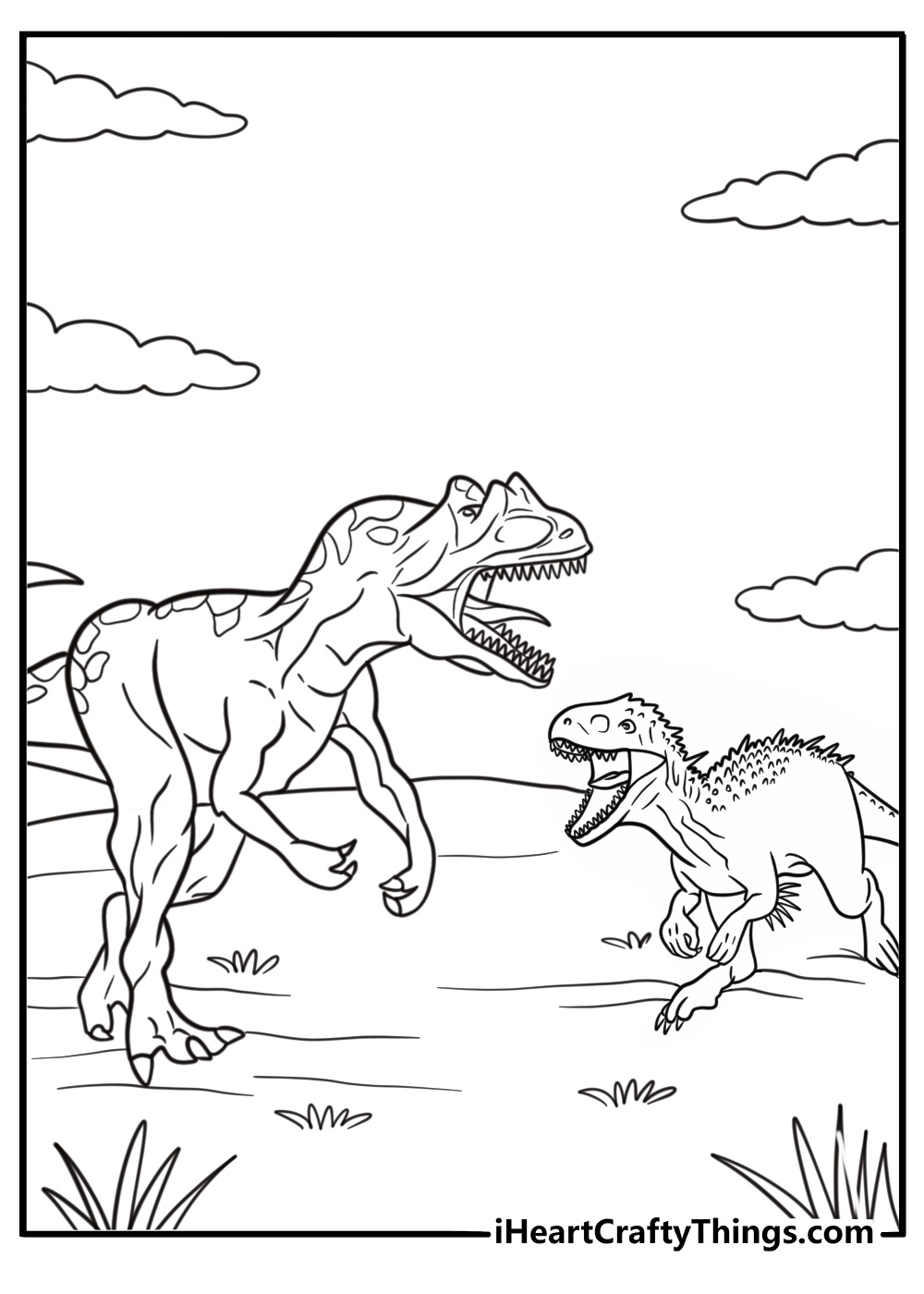Allosaurus roaring at another predator in territorial dispute coloring page