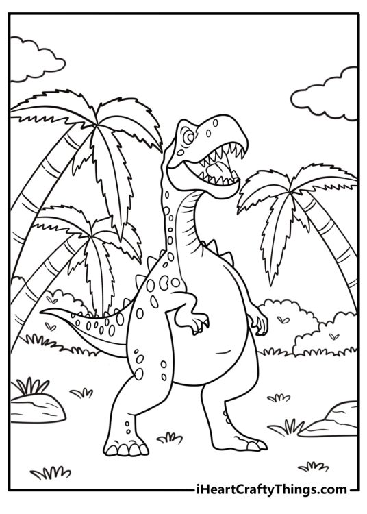 Allosaurus roaring in a prehistoric forest coloring page