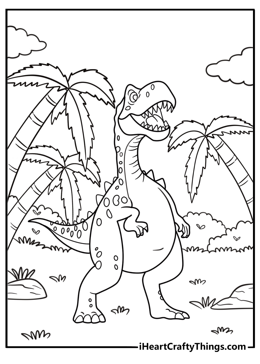 Allosaurus roaring in a prehistoric forest coloring page
