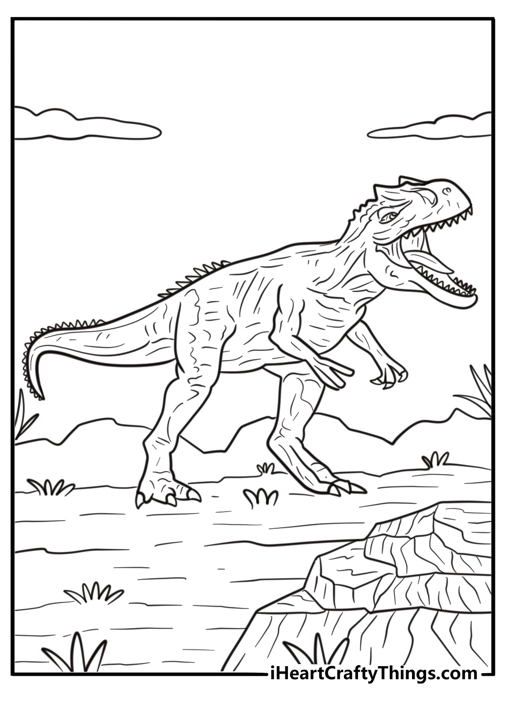 Allosaurus showing sharp teeth with mouth wide open coloring sheet